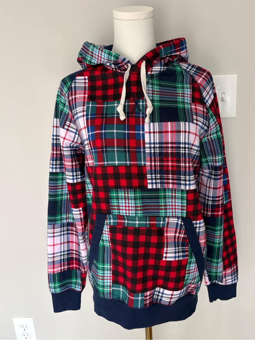 Lands' End Men's Mixed Plaid Patchwork Hoodie in Red, Green & Blue